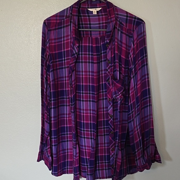 Terra & Sky | Purple Plaid Button Down Long Sleeve Shirt Size 0X - Picture 2 of 7